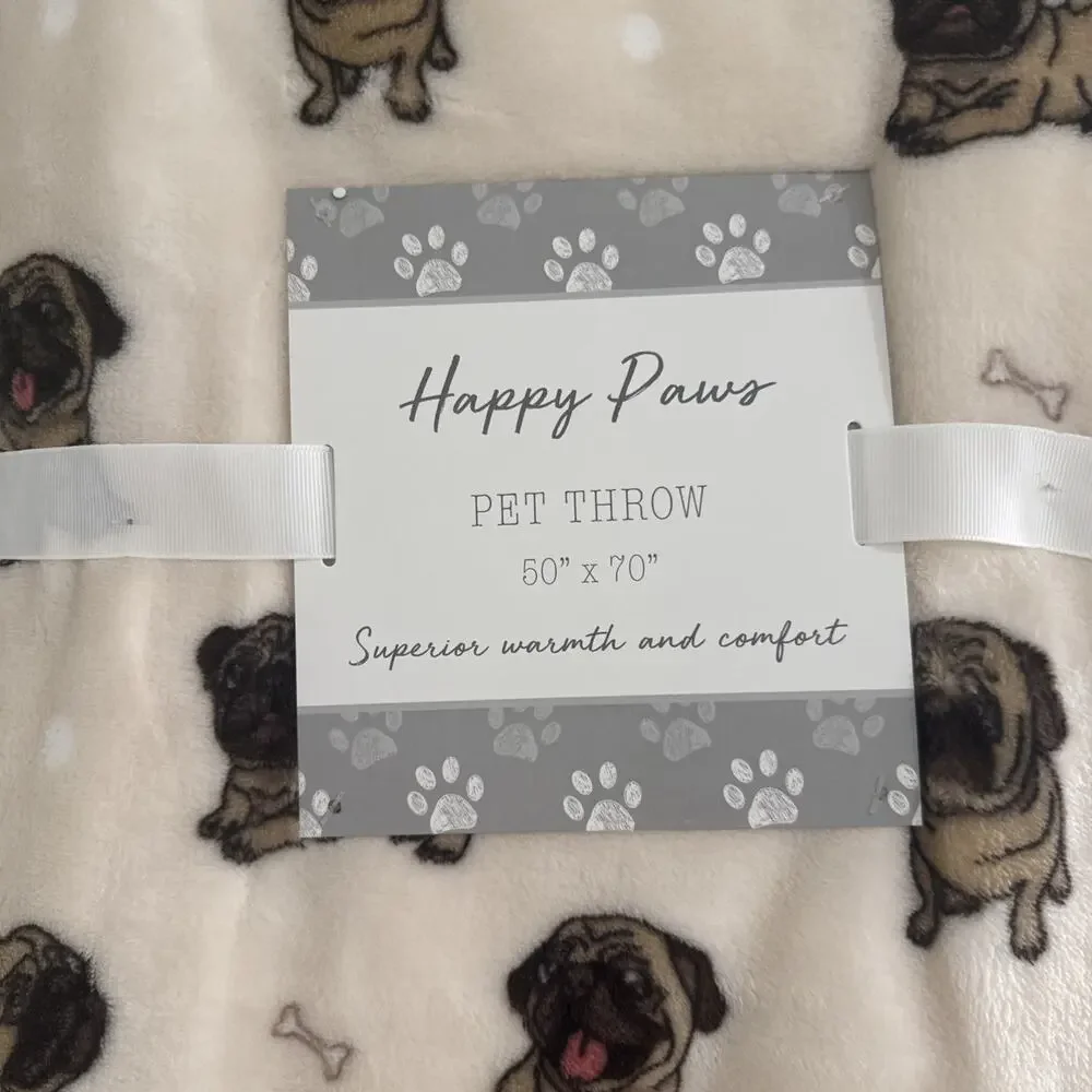 PUG “HUNGRY DOGS” 50x70” Plush Pet Throw Blanket Dog Blush Neutral Pugs NEW